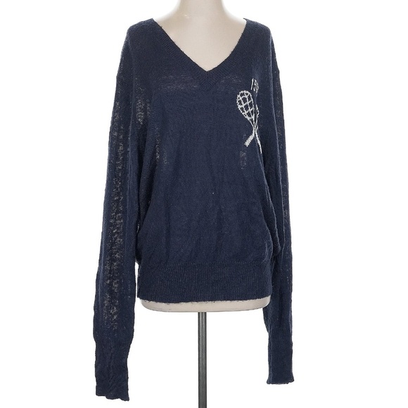 WILDFOX Hampton Tennis Club 1966 Semi Sheer Oversized Sweater Navy V-Neck Small - Picture 3 of 10